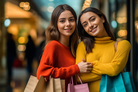 Girls with shopping bags Closeup of two young women holding shopping bags while standing outdoors : Generative AIの素材