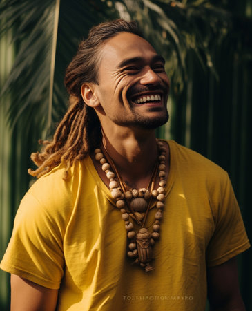 Handsome young man in Hawaiian necklace smiling while standing against red background : Generative AIの素材