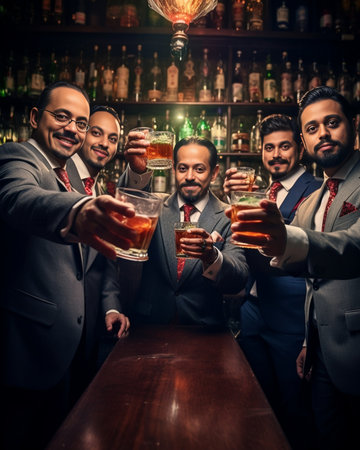 Group of handsome young men in suits and bowties drinking whiskey and smiling : Generative AIの素材