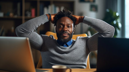 Handsome young African man in shirt keeping hands behind head and smiling while working in the office : Generative AIの素材