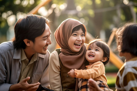 Happy young family with girl preschool age smiling while bonding together : Generative AIの素材