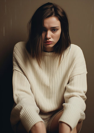 Feeling sad and lonely Thoughtful young woman in white sweater and socks looking through a window while sitting on the floor at home : Generative AIの素材