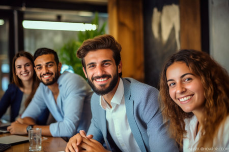 Happy to be a part of creative team Group of cheerful business people in smart casual wear sitting together at the table and discussing something while handsome man looki : Generative AIの素材