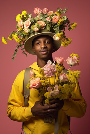 Happy Indian man stretching out flower bouquet against yellow background : Generative AIの素材