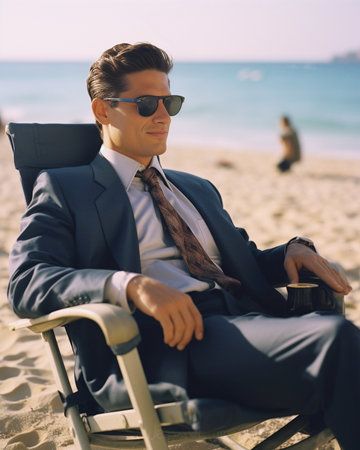 Handsome young man in nice suit adjusting his sunglasses while relaxing on the couch : Generative AIの素材