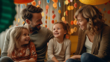 Happy young family with girl preschool age smiling while bonding together : Generative AIの素材