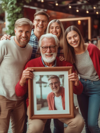 Happy to be a family Happy family of five people bonding to each other and smiling while standing outdoors together : Generative AIの素材