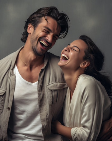 Happy to be together Handsome young man piggybacking beautiful woman and smiling while standing against grey background : Generative AIの素材