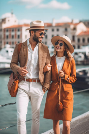 Happy travel Beautiful young couple holding hands and smiling while walking outdoors : Generative AIの素材