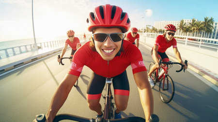 Cycling together is fun Group of young people riding bicycles along a road and looking happy : Generative AIの素材