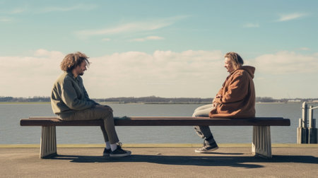 Doing whatever they want Rear view of young people in casual wear talking while sitting on the pier : Generative AIの素材