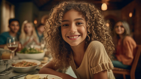 Enjoying dinner with the nearest Happy family enjoying meal together while woman looking at camera and smiling : Generative AIの素材