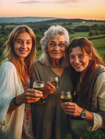 Happy young woman holding glass with wine while bonding with her senior parents outdoors : Generative AIの素材
