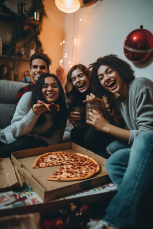 Enjoying home party Top view of cheerful young people enjoying home party with snacks and drinks while communicating on the kitchen : Generative AIの素材