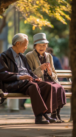 Enjoying their favorite book together Cheerful senior couple reading a book together while sitting on the park bench : Generative AIの素材