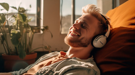 Enjoying that song Handsome young smiling man in headphones listening to the music and looking at his smart phone while lying on his couch at home : Generative AIの素材