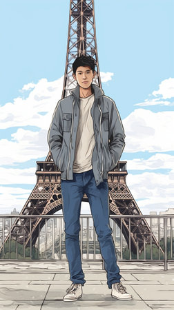 Dreaming about Paris Young handsome man keeping hand on chin and looking away with smile while sitting on the floor with illustration of Eiffel Tower at the background : Generative AIの素材