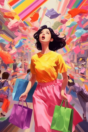 Dreaming about new Excited young woman in dress carrying colorful shopping bags and looking up with colorful sketches upon her head : Generative AIの素材