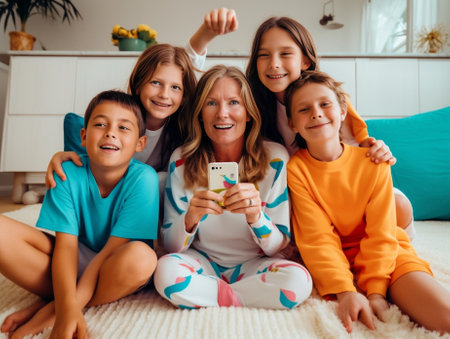 Happy to be a family Happy sporty family bonding to each other while sitting on exercise mat together : Generative AIの素材