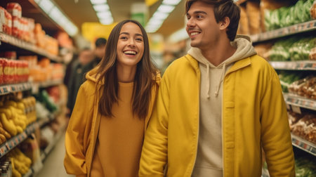 Couple in supermarket Beautiful young couple choosing products in supermarket and looking at each other with smile : Generative AIの素材