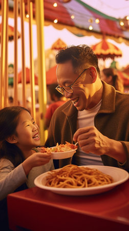 Father feeding his cheerful daughter with salad while having family dinner outdoors together : Generative AIの素材