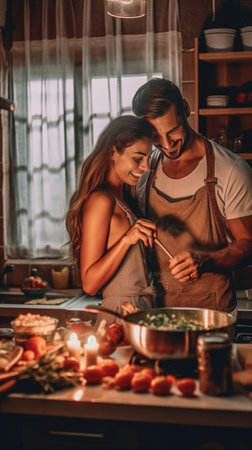 Cooking healthy food Happy young couple cooking together in the kitchen while man touching abdomen of his pregnant wife : Generative AIの素材