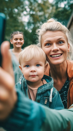 Family selfie Happy family of three bonding to each other and smiling while father photographing them with smart phone : Generative AIの素材