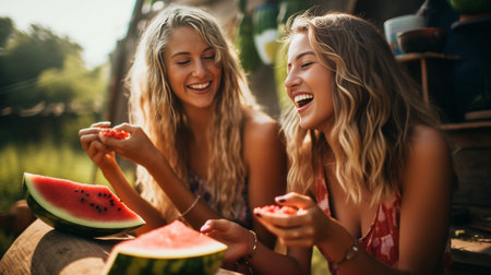 Effortless beauty Two attractive young women smiling and eating watermelon while standing near the river : Generative AIの素材