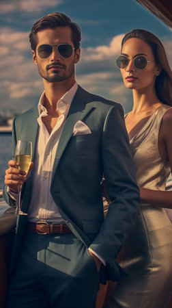 Enjoying great time together Cheerful young couple holding glasses with champagne and looking at camera while sitting on the board of yacht : Generative AIの素材