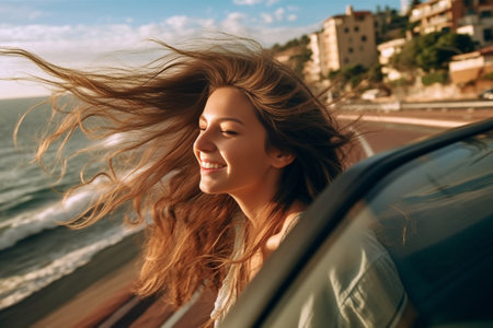 Feel the wind in your hair Attractive young smiling woman leaning out the vans window and keeping hand in hair while enjoying the car travel : Generative AIの素材