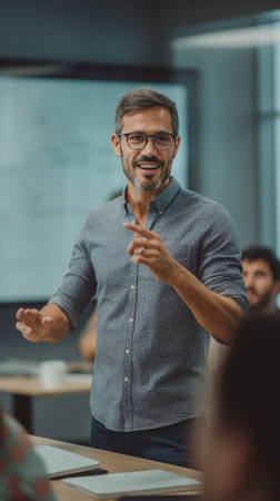 Day meeting Handsome young man in casual wear and eyeglasses sitting on chair and holding digital tablet while his colleagues standing around him in office : Generative AIの素材