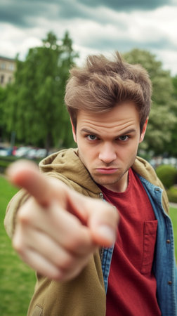 Displeased young man in casual wear looking at camera and pointing away : Generative AIの素材