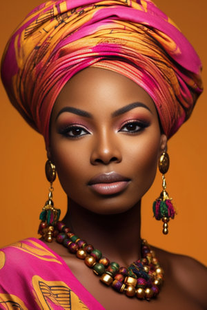 Elegant jewelry Cropped picture of beautiful African woman wearing a headscarf and jewelry while standing against black background : Generative AIの素材