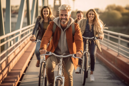 Enjoying their active date Beautiful young couple riding bicycles along the bridge and smiling : Generative AIの素材