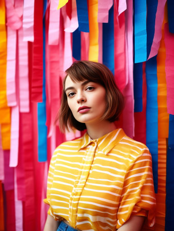 Fashionable young woman with colorful strips sticking out of mouth standing against yellow background : Generative AIの素材