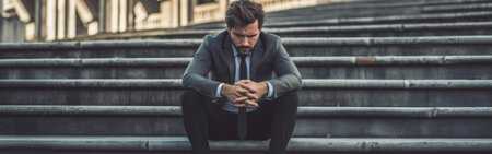 Depressed businessman Depressed mature businessman holding head in hands while sitting barefoot at the quayside : Generative AIの素材