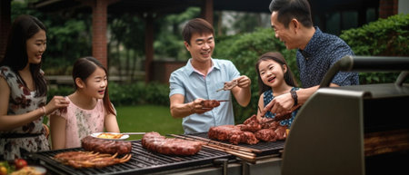 Dinner on fresh air Young man putting grilled chicken to the plates while his family sitting at the dining table : Generative AIの素材