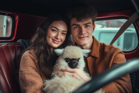 Feeling warm in his arms Handsome young man embracing his beautiful girlfriend and smiling while sitting in blue retro style mini van : Generative AIの素材