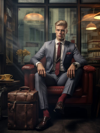 Handsome man in shirt and tie enjoying coffee while sitting on bed near the luggage : Generative AIの素材