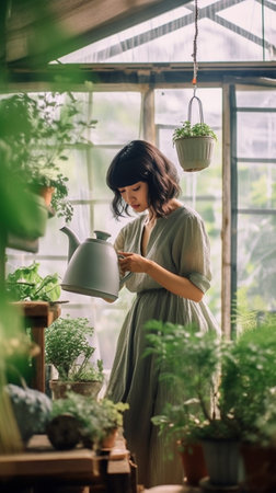 Green life Closeup of woman in apron taking care of plants while standing in greenhouse : Generative AIの素材