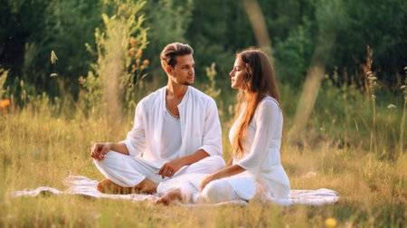 Finding peace and harmony inside themselves Beautiful young couple in white clothing meditating outdoors together and keeping eyes closed : Generative AIの素材
