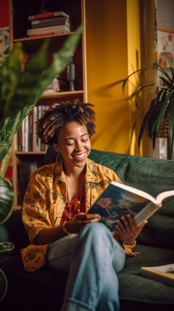 Enjoying new chapter Side view of cheerful young African man reading book with smile and wearing glasses while sitting on the couch at home : Generative AIの素材