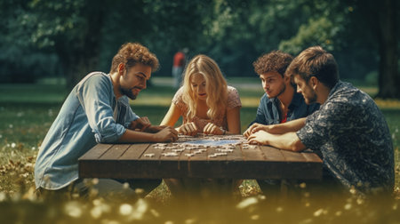 Enjoying their creative work Top view of four young people working together while sitting outdoors : Generative AIの素材