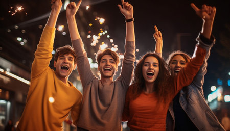 Hands up in the air Group of beautiful young people dancing together and looking happy : Generative AIの素材