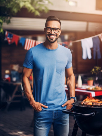 Handsome young man in casual clothing preparing barbecue while standing on the rooftop patio : Generative AIの素材