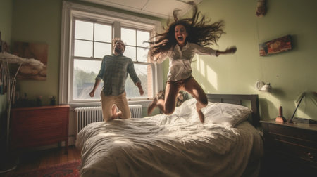 Going crazy together Full length of playful young couple dancing on the bed and smiling : Generative AIの素材