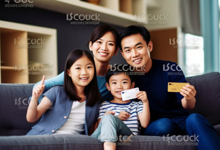 Family shopping online Happy family of three bonding to each other and smiling while sitting on the couch and shopping online together : Generative AIの素材