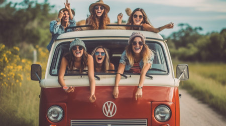 Enjoying great roadtrip with friends Group of cheerful young people having fun while sitting inside of minivan : Generative AIの素材