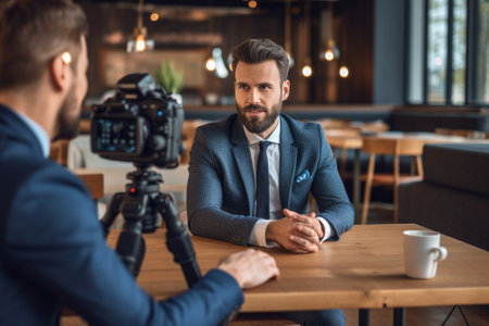 Filming interview Two young men in smart casual wear talking while making new video indoors : Generative AIの素材