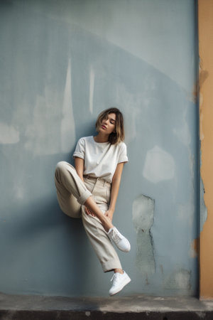 Feeling playful Attractive young woman holding hand on chin and looking thoughtful while sitting against grey wall : Generative AIの素材